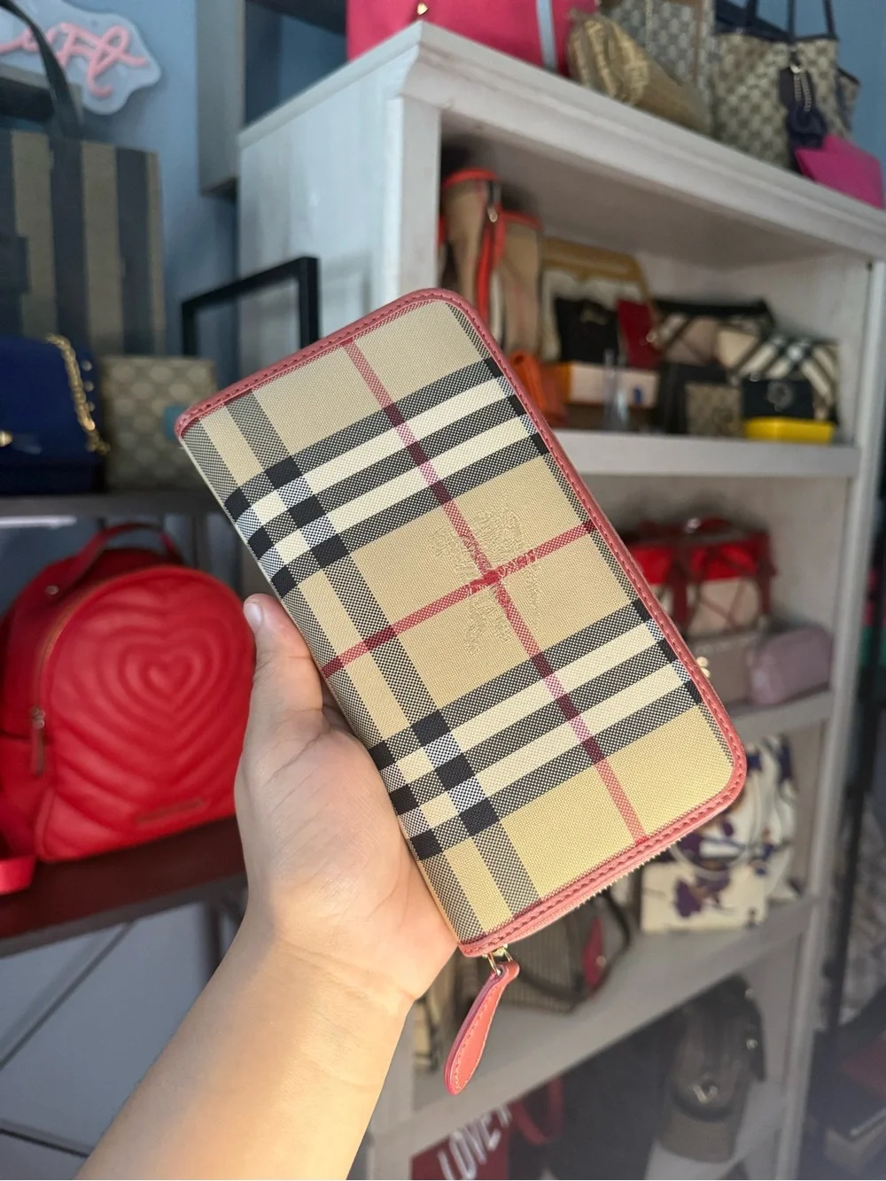 Burberry Pink Leather & Vintage Check Zip Wallet